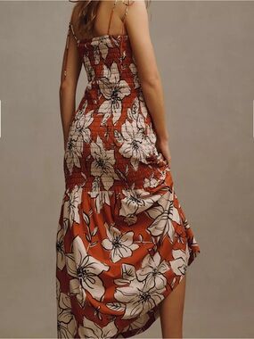Anthropologie Rust Floral Tie-Shoulder Smocked Midi Dress